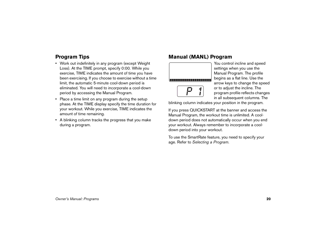 Precor 9.21 manual Program Tips, Manual Manl Program 