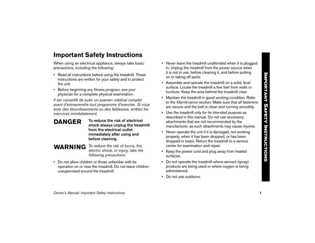 Precor 9.21 manual Important Safety Instructions 