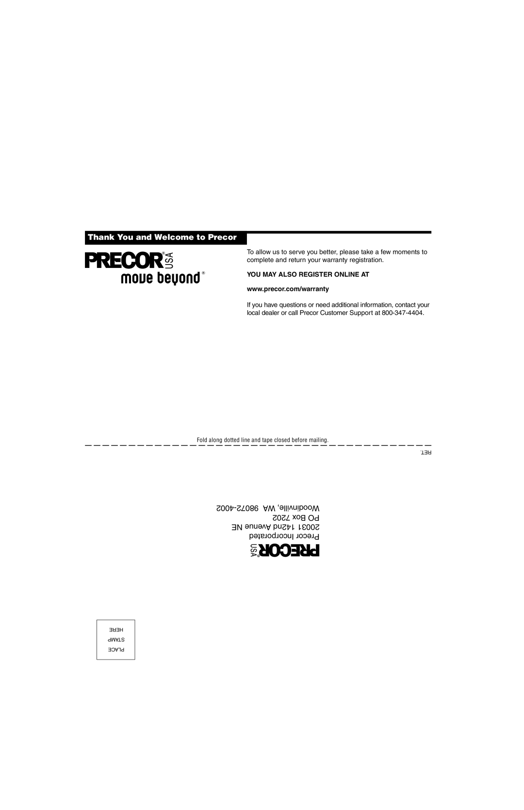 Precor 9.21 manual Thank You and Welcome to Precor 