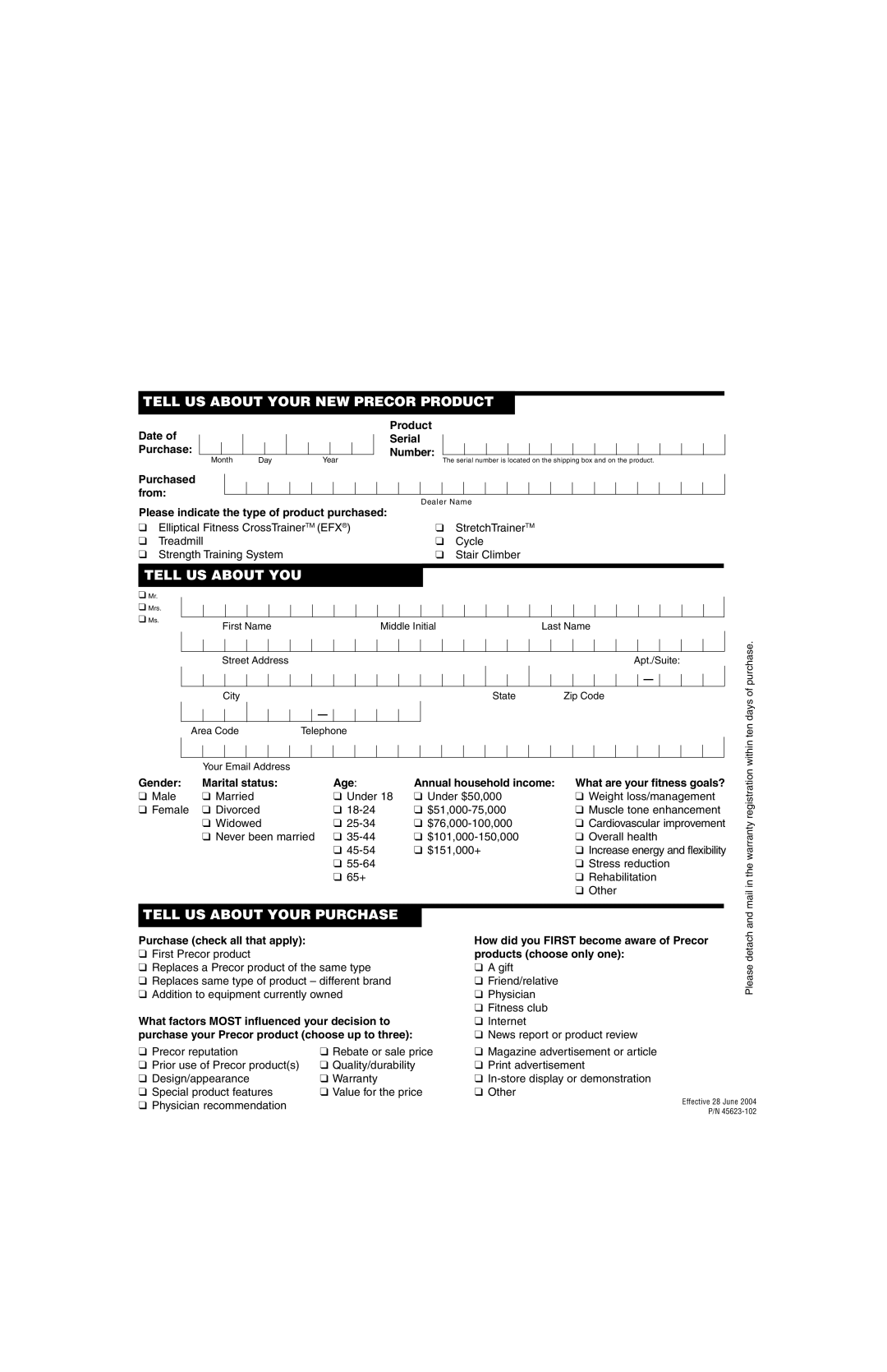 Precor 9.21 manual Tell US about Your NEW Precor Product 