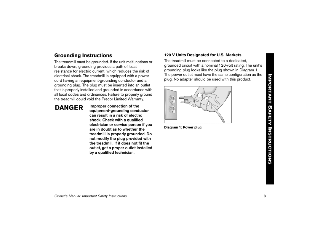 Precor 9.21 manual Grounding Instructions, Units Designated for U.S. Markets 