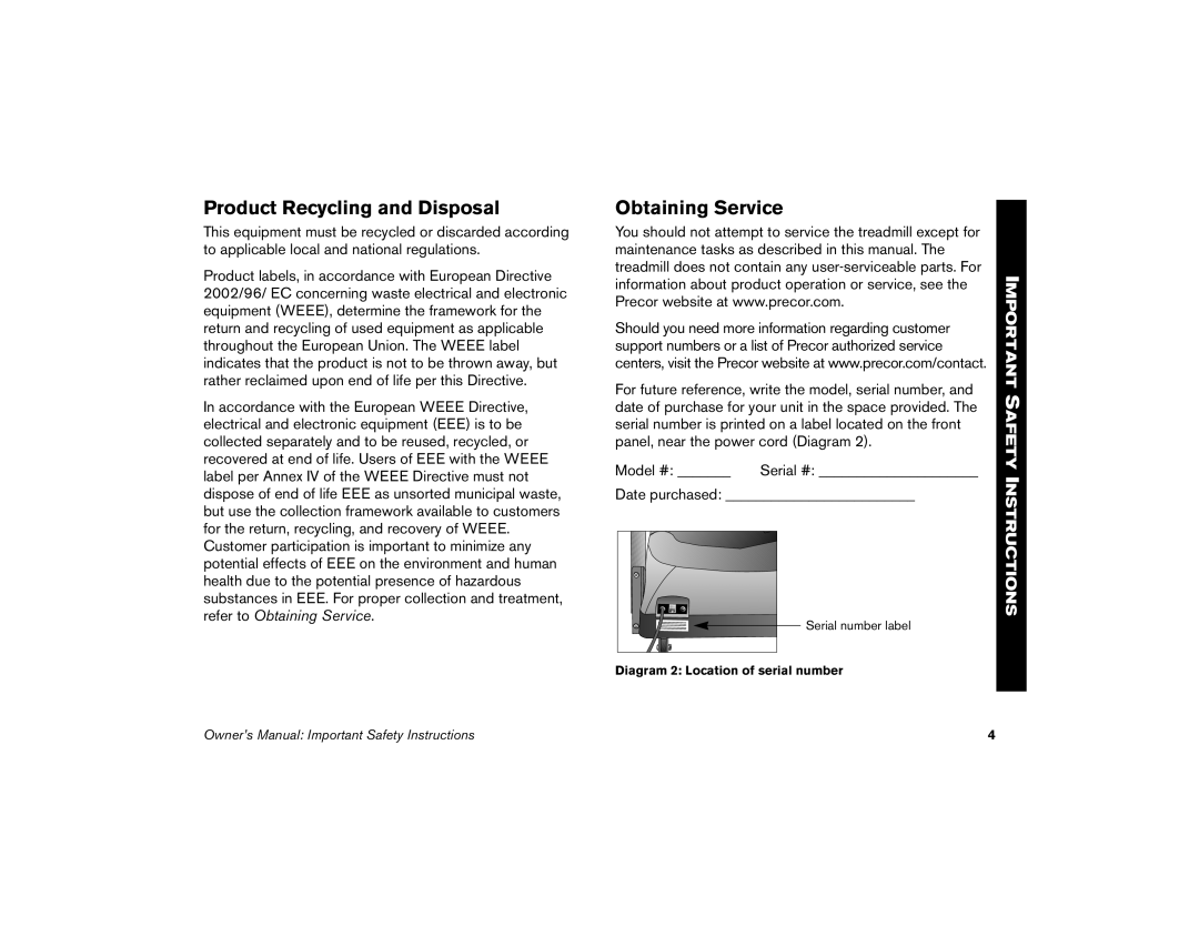 Precor 9.21 manual Product Recycling and Disposal, Obtaining Service 