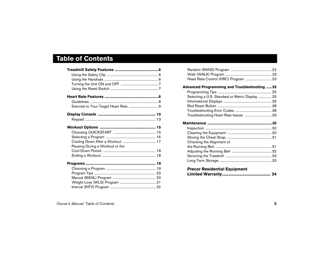 Precor 9.21 manual Table of Contents 