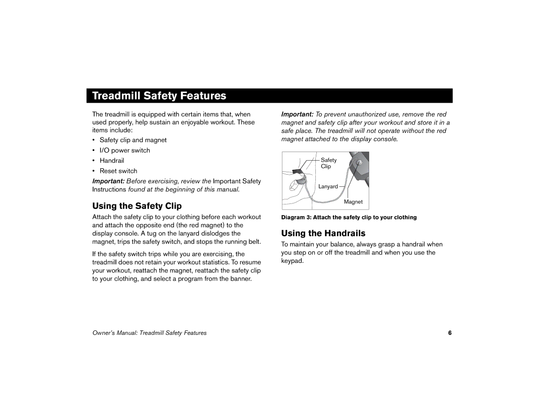 Precor 9.21 manual Treadmill Safety Features, Using the Safety Clip, Using the Handrails 