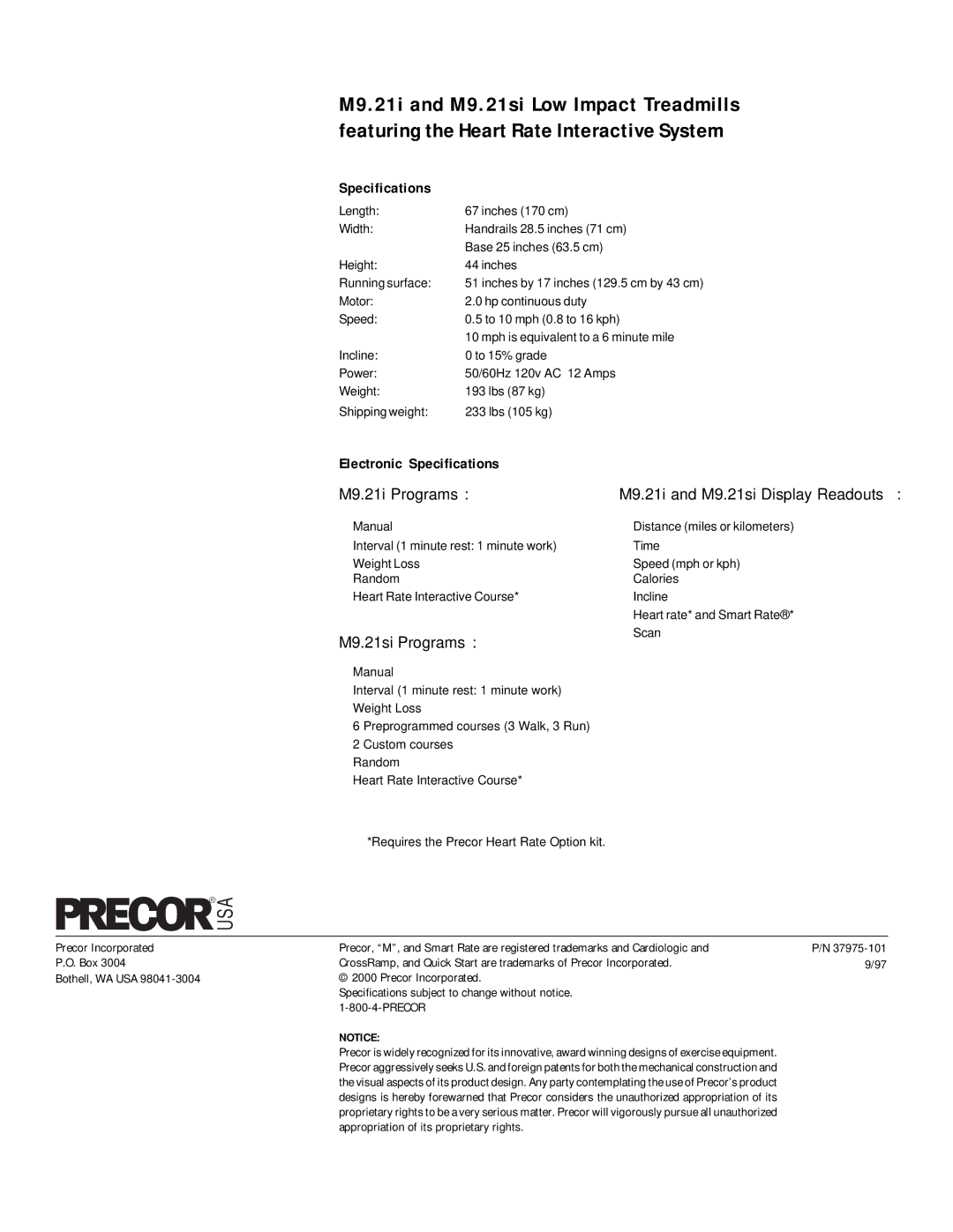 Precor 9.21i owner manual Usa 