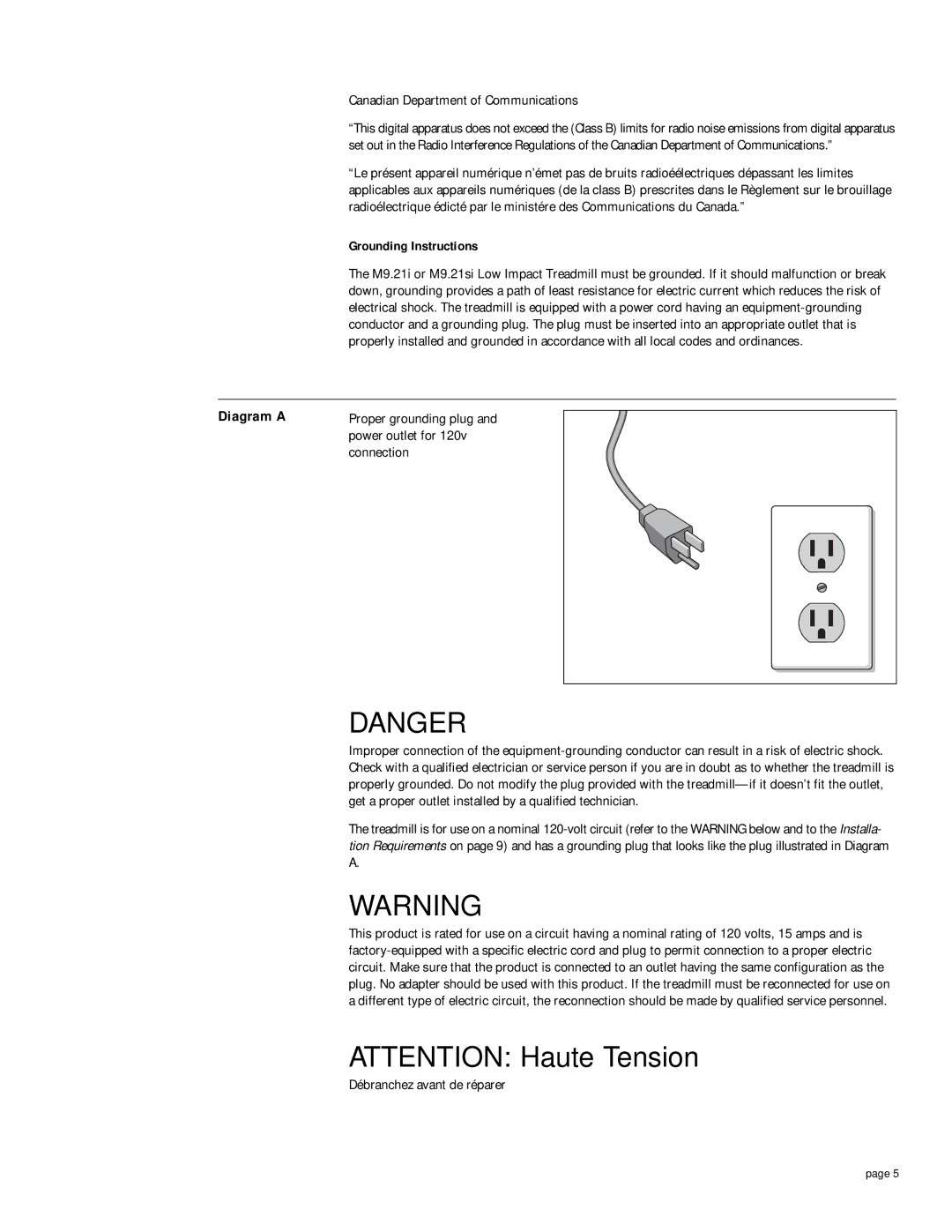 Precor 9.21i owner manual Canadian Department of Communications, Grounding Instructions 