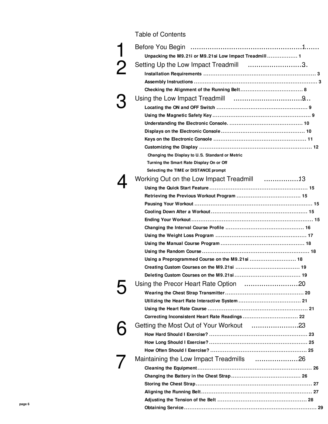 Precor 9.21i owner manual Table of Contents, Setting Up the Low Impact Treadmill, Working Out on the Low Impact Treadmill 