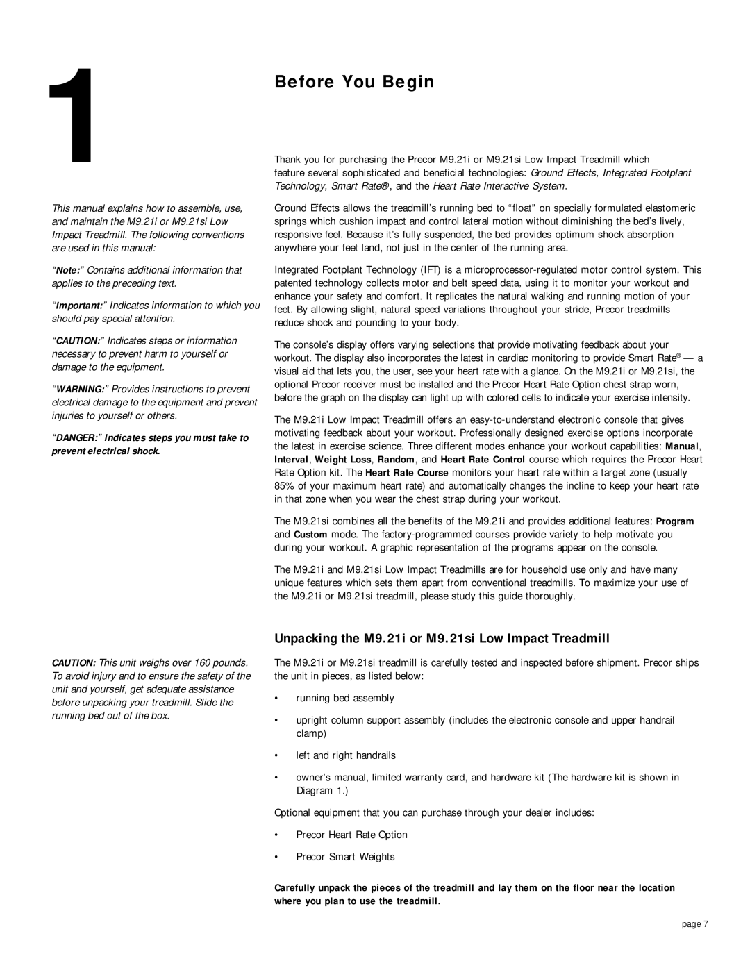 Precor owner manual Before You Begin, Unpacking the M9.21i or M9.21si Low Impact Treadmill 