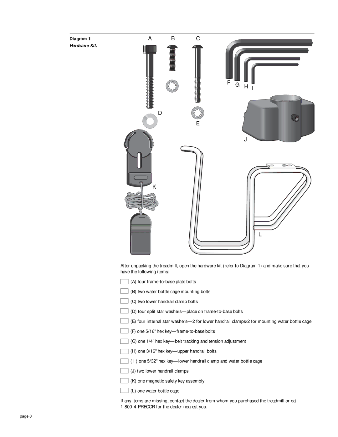 Precor 9.21i owner manual Diagram, Hardware Kit 