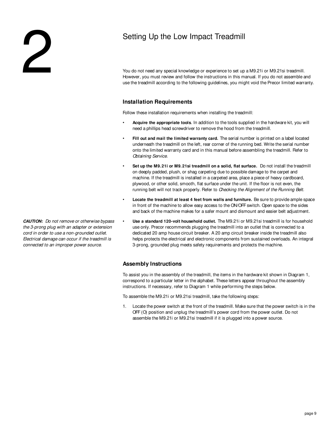 Precor 9.21i owner manual Setting Up the Low Impact Treadmill, Installation Requirements, Assembly Instructions 