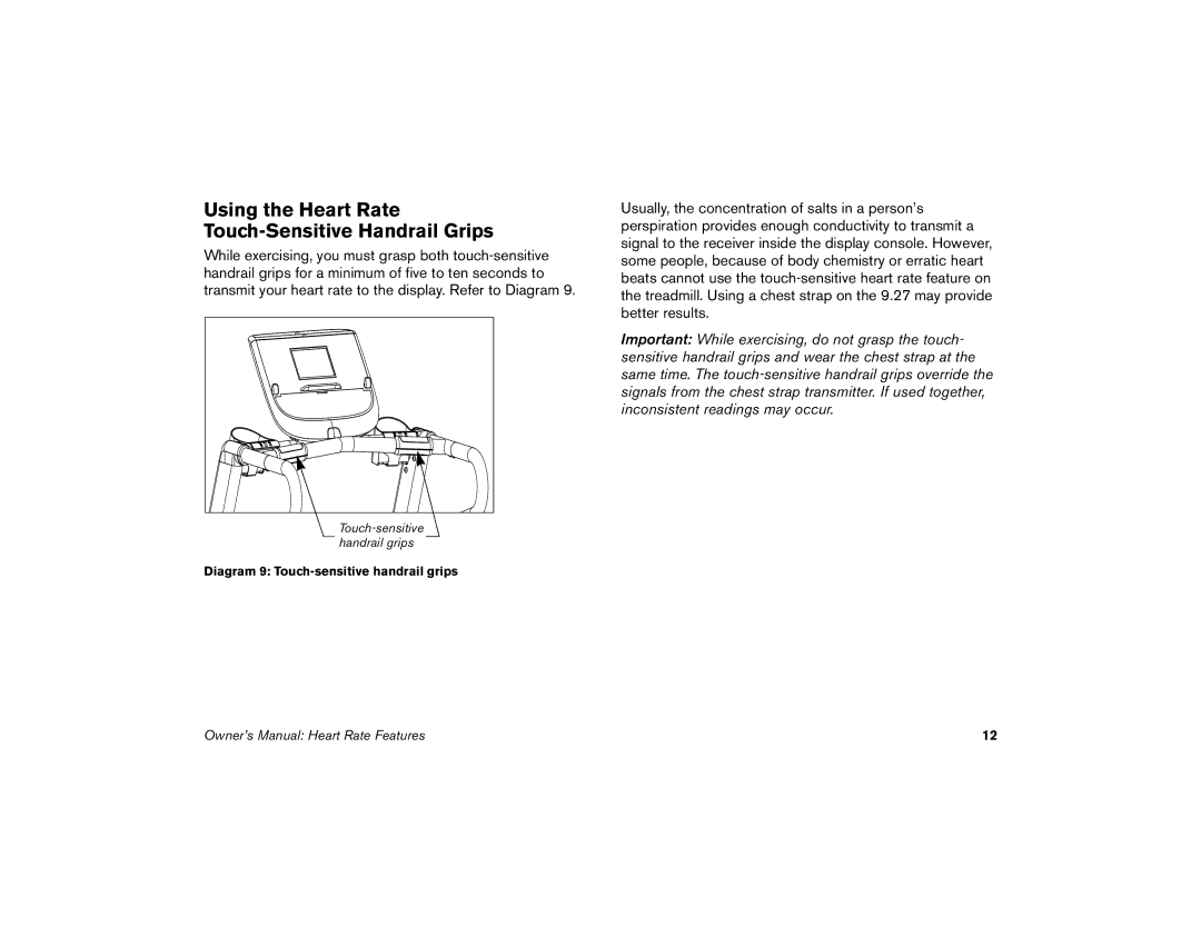 Precor 9.27, 9.23 manual Using the Heart Rate Touch-Sensitive Handrail Grips 