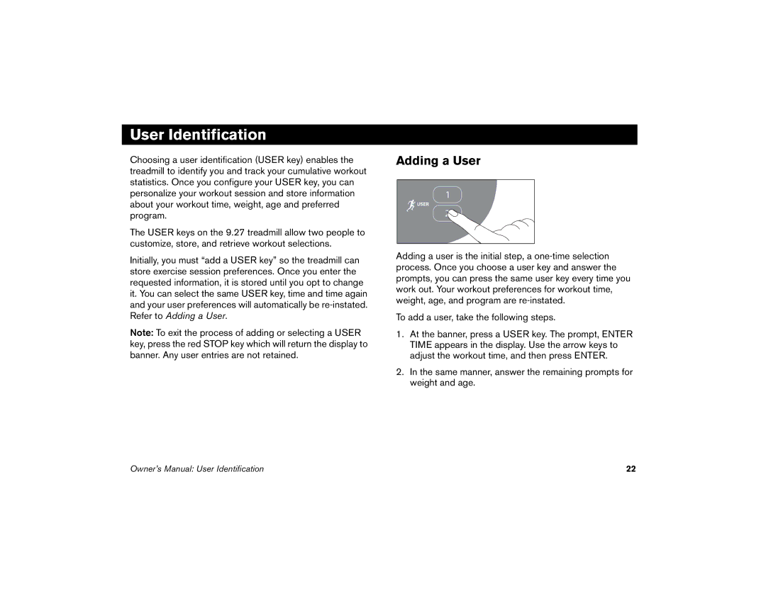 Precor 9.27, 9.23 manual User Identification, Adding a User 