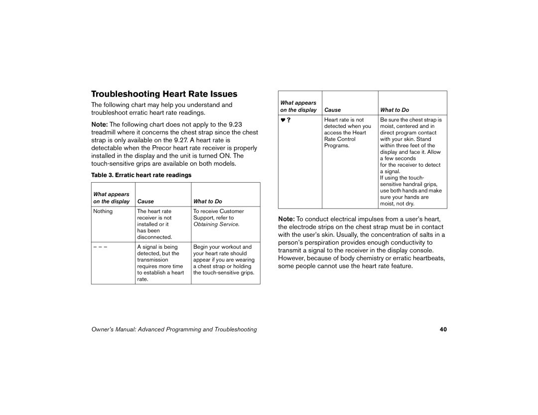 Precor 9.27, 9.23 manual Troubleshooting Heart Rate Issues, Erratic heart rate readings 