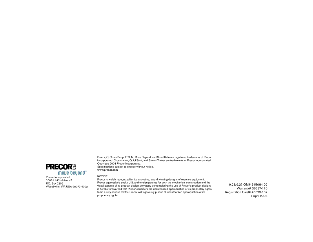 Precor 9.23 manual 23/9.27 OM# Warranty# Registration Card# April 