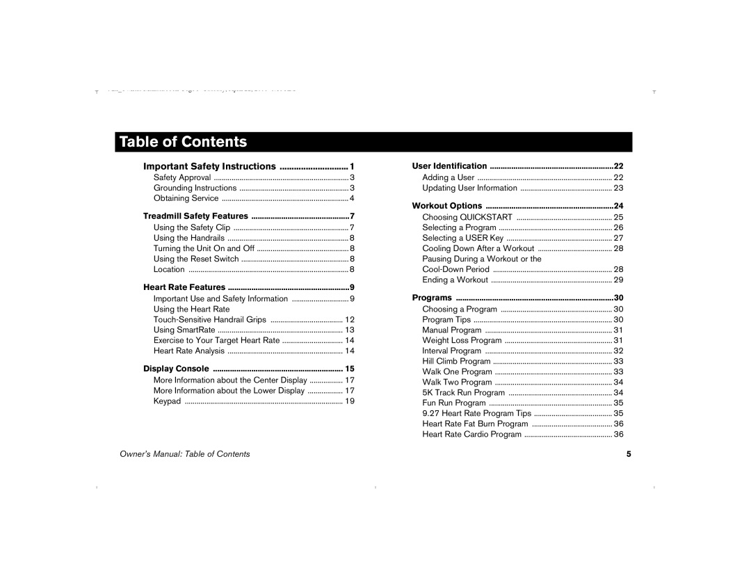 Precor 9.23, 9.27 manual Table of Contents 