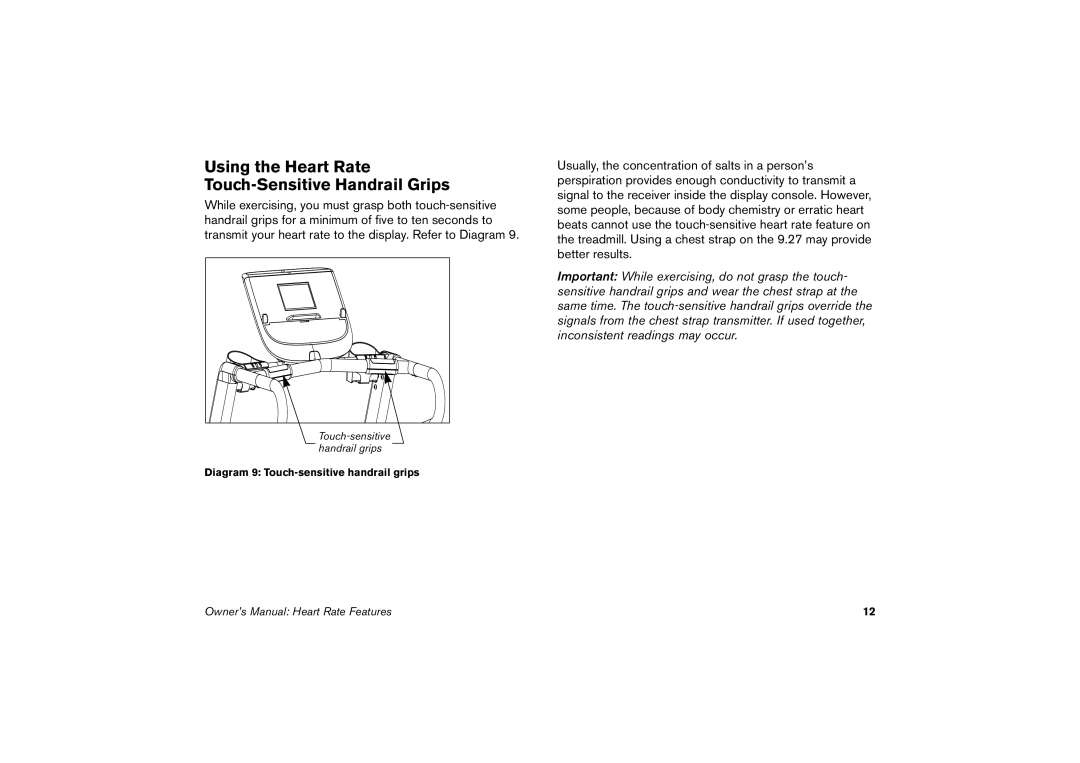 Precor 9.27, 9.23 manual Using the Heart Rate Touch-Sensitive Handrail Grips 