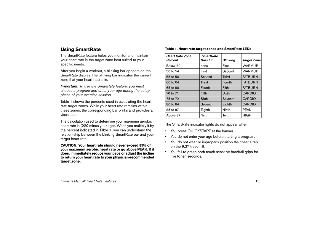 Precor 9.23, 9.27 manual Using SmartRate, Heart rate target zones and SmartRate LEDs 