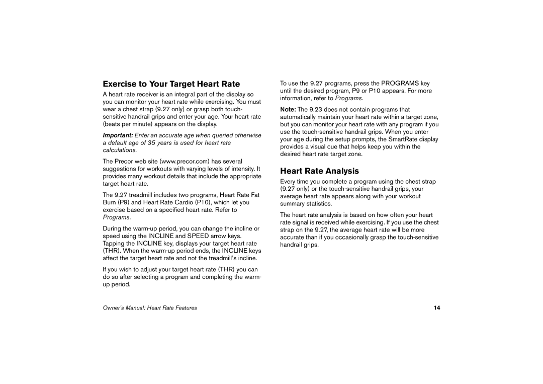 Precor 9.27, 9.23 manual Exercise to Your Target Heart Rate, Heart Rate Analysis 