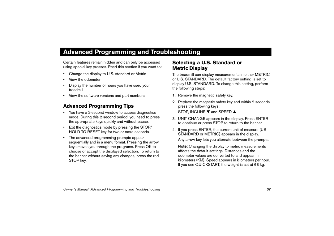 Precor 9.23, 9.27 manual Advanced Programming and Troubleshooting, Advanced Programming Tips 