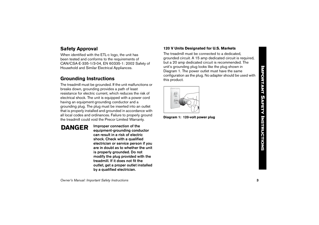 Precor 9.23, 9.27 manual Safety Approval, Grounding Instructions, Diagram 1 120-volt power plug 