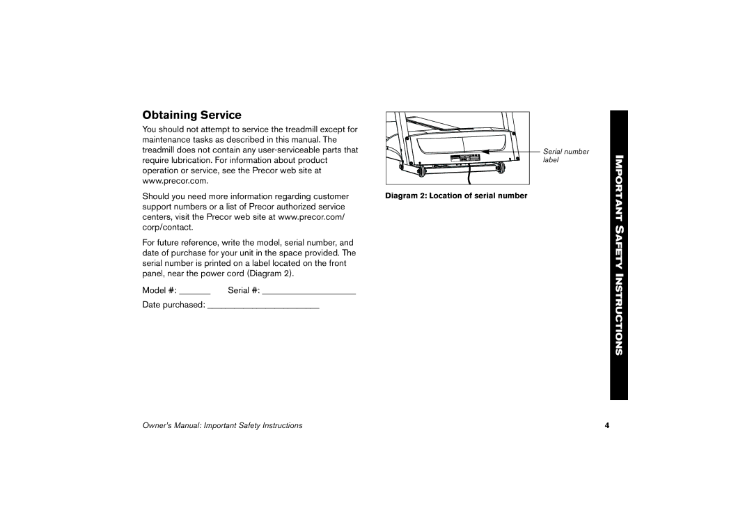 Precor 9.27, 9.23 manual Obtaining Service, Diagram 2 Location of serial number 