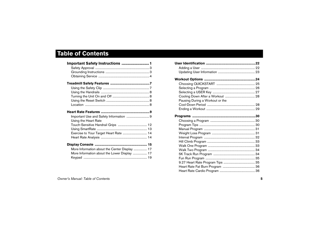 Precor 9.23, 9.27 manual Table of Contents 