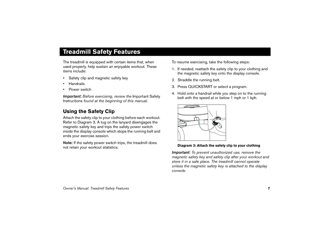 Precor 9.23, 9.27 manual Treadmill Safety Features, Using the Safety Clip, Diagram 3 Attach the safety clip to your clothing 