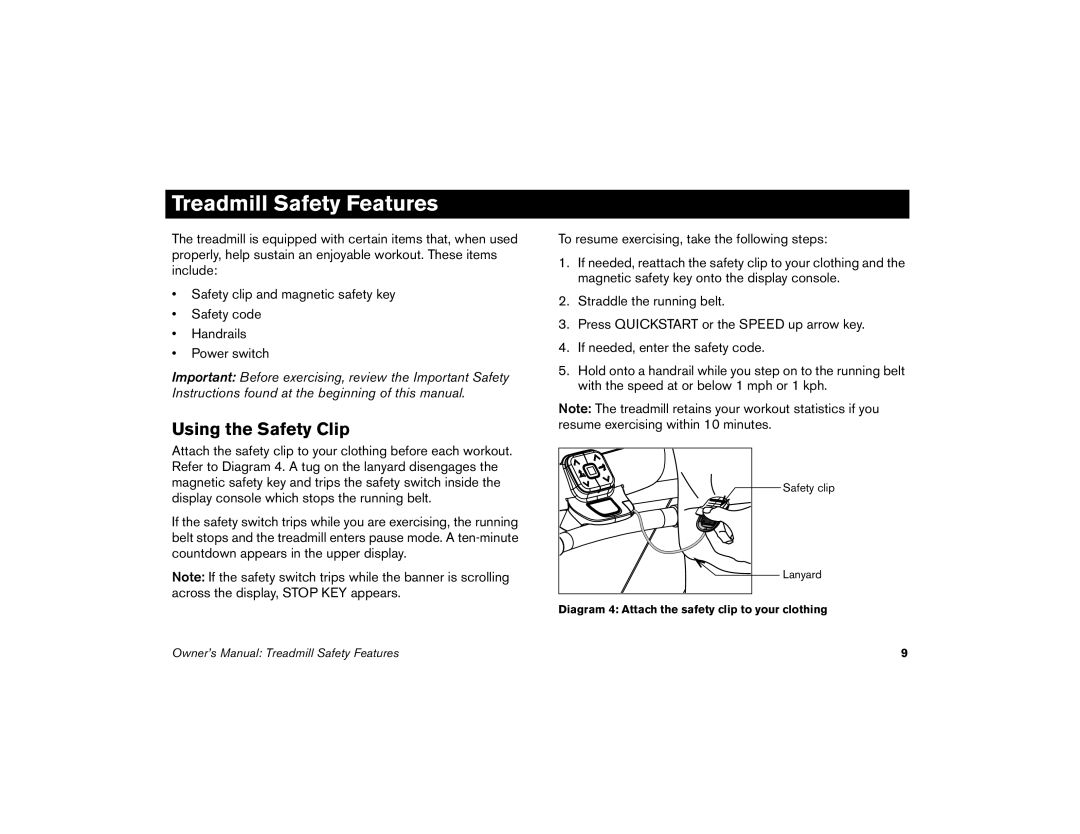 Precor 9.31, 9.33 manual Treadmill Safety Features, Using the Safety Clip 