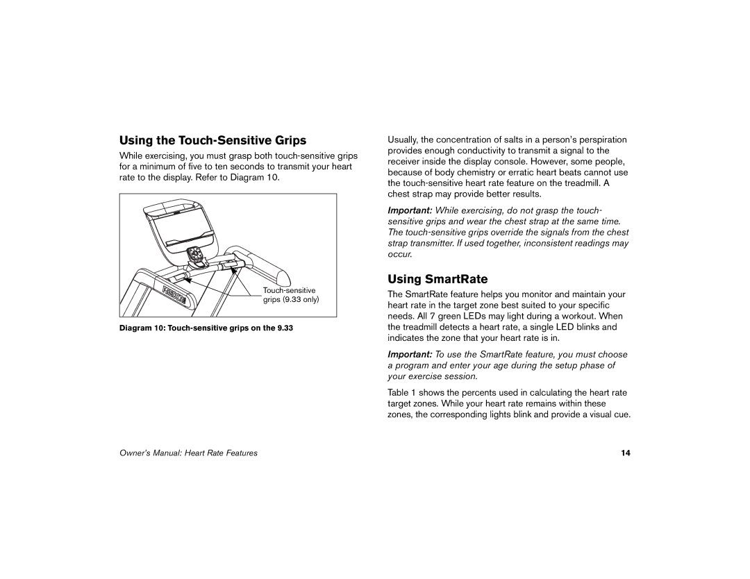 Precor 9.33, 9.31 manual Using the Touch-Sensitive Grips, Using SmartRate 