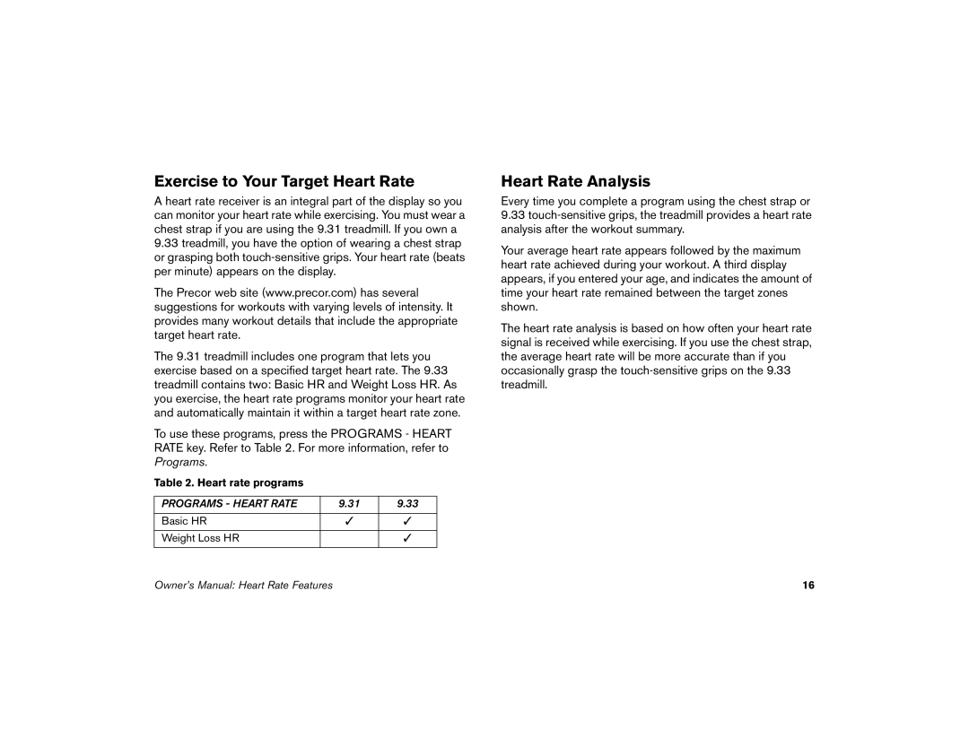 Precor 9.33, 9.31 manual Exercise to Your Target Heart Rate, Heart Rate Analysis 