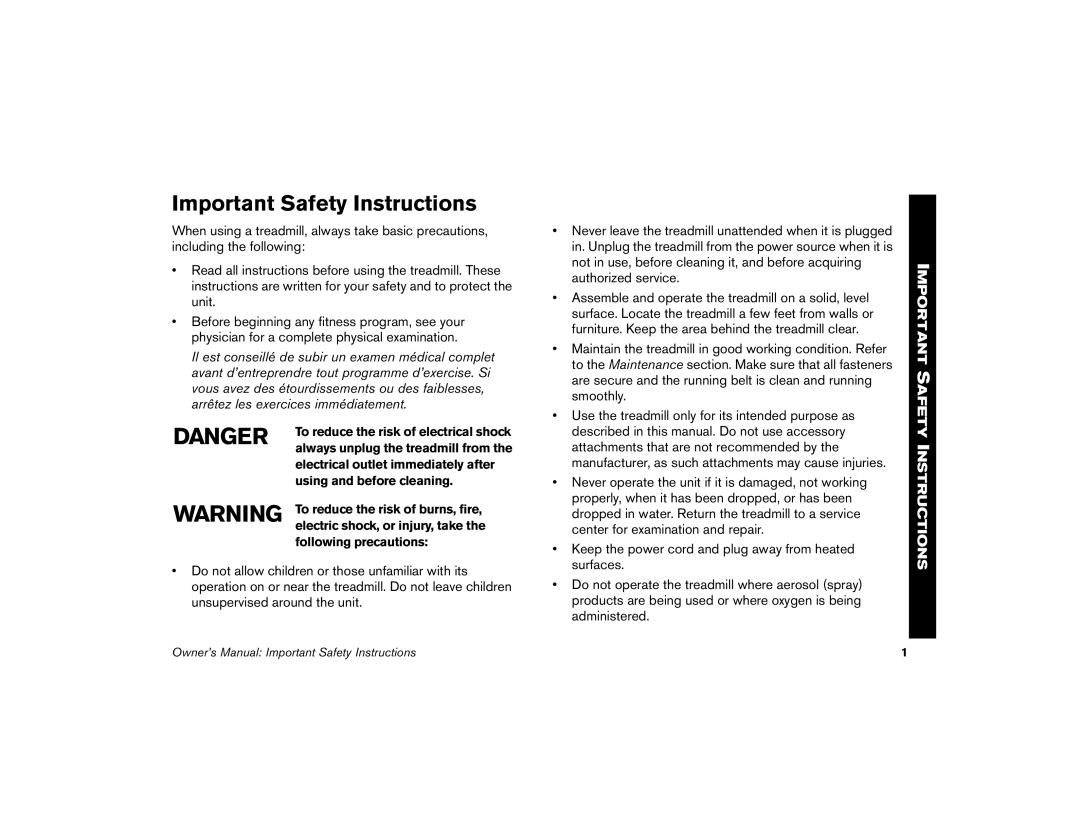 Precor 9.31, 9.33 manual Important Safety Instructions 