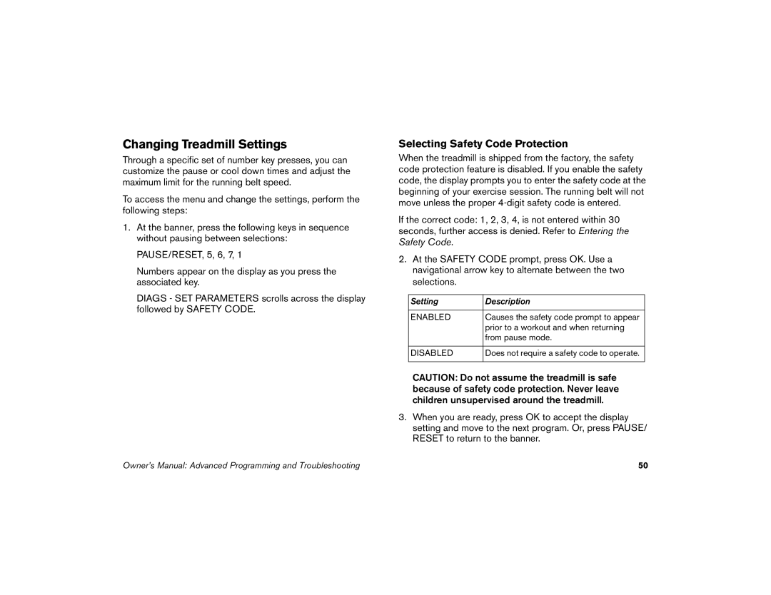 Precor 9.33, 9.31 manual Changing Treadmill Settings, Selecting Safety Code Protection 