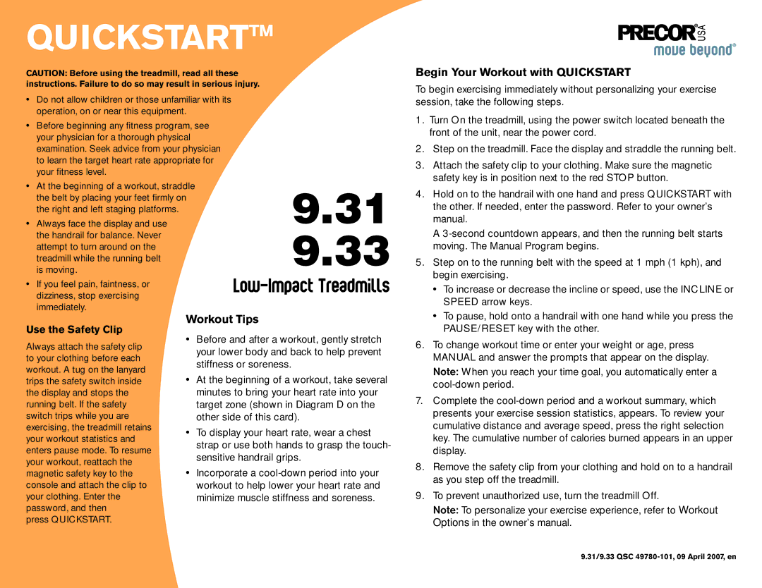 Precor 9.31, 9.33 manual Quickstart, Use the Safety Clip 