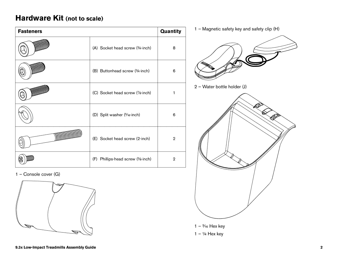 Precor 9.33, 9.31 manual Hardware Kit not to scale 