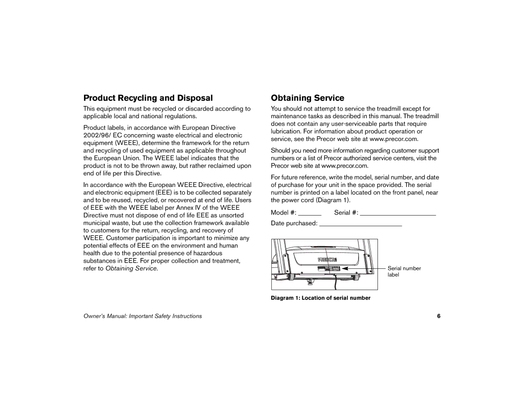 Precor 9.33, 9.31 manual Product Recycling and Disposal, Obtaining Service 