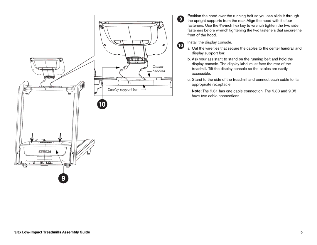 Precor 9.31, 9.33 manual Center handrail Display support bar 