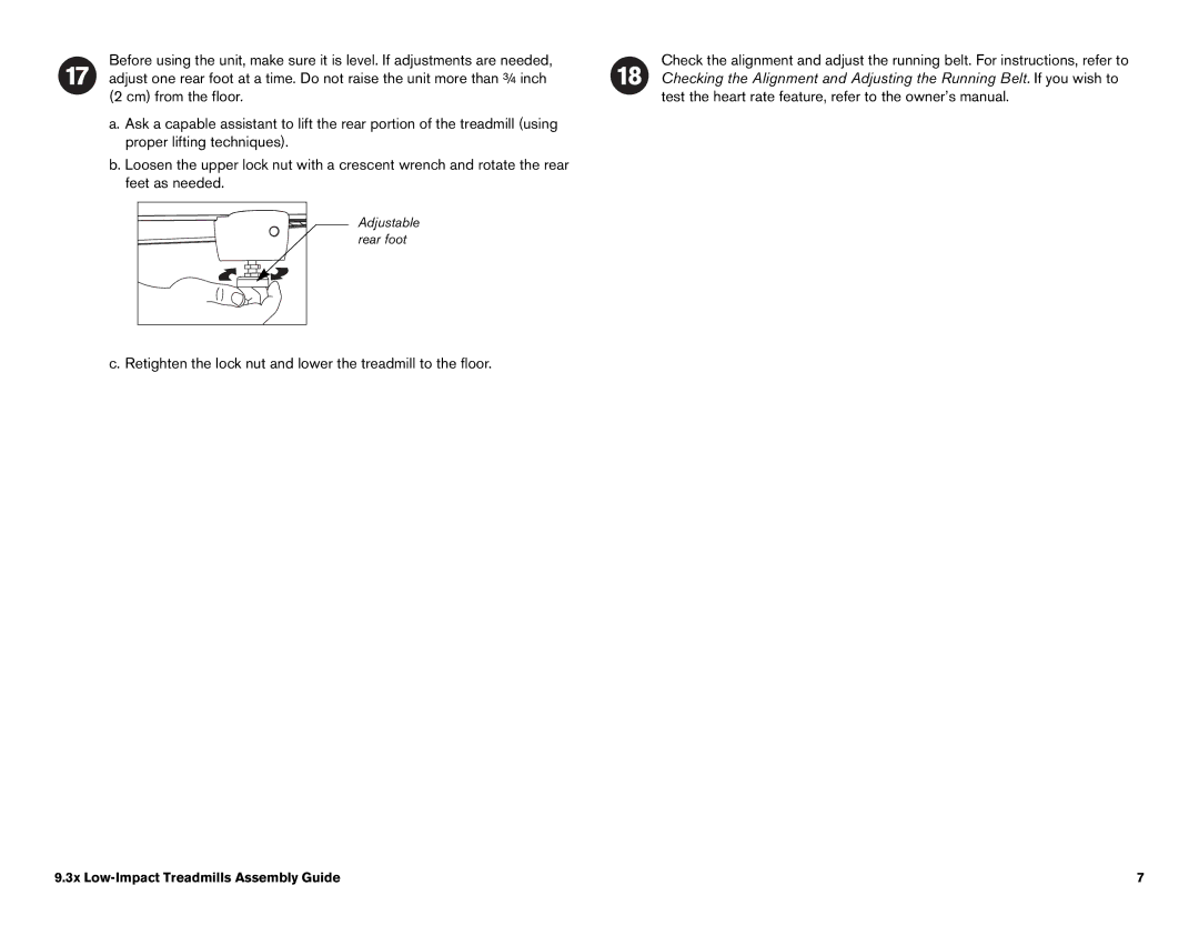 Precor 9.31, 9.33 manual Retighten the lock nut and lower the treadmill to the floor 