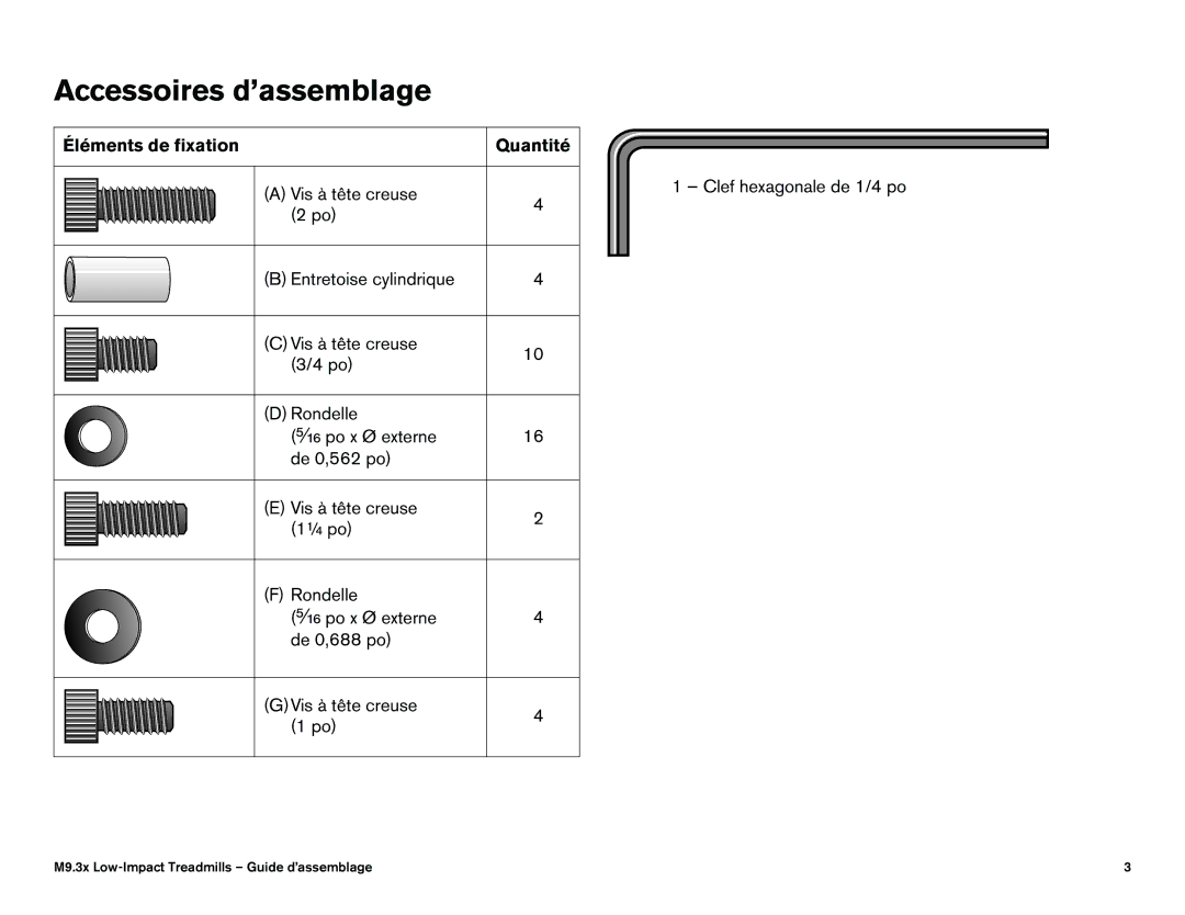 Precor 9.31, 9.33 quick start Accessoires d’assemblage 