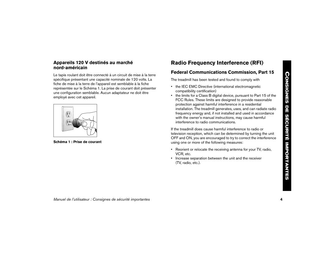 Precor 9.33, 9.31 quick start Radio Frequency Interference RFI, Appareils 120 V destinés au marché nord-américain 