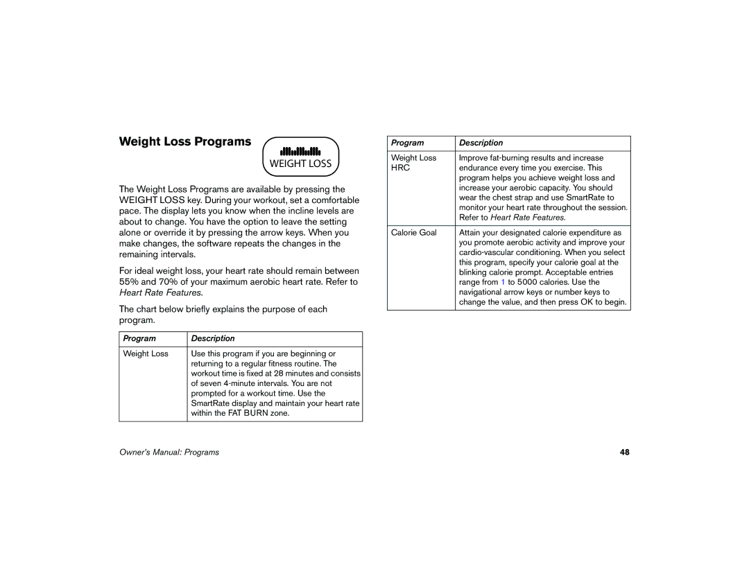 Precor 9.35 manual Weight Loss Programs 