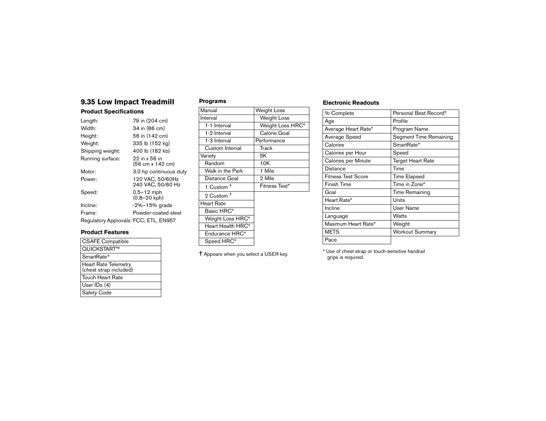 Precor 9.35 manual Low Impact Treadmill, Product Specifications 