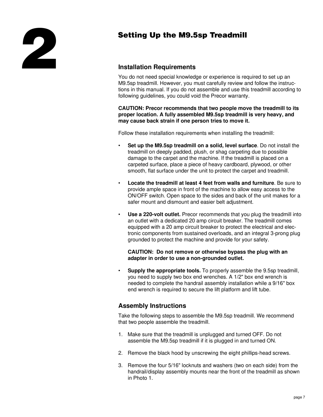 Precor owner manual Setting Up the M9.5sp Treadmill, Installation Requirements, Assembly Instructions 