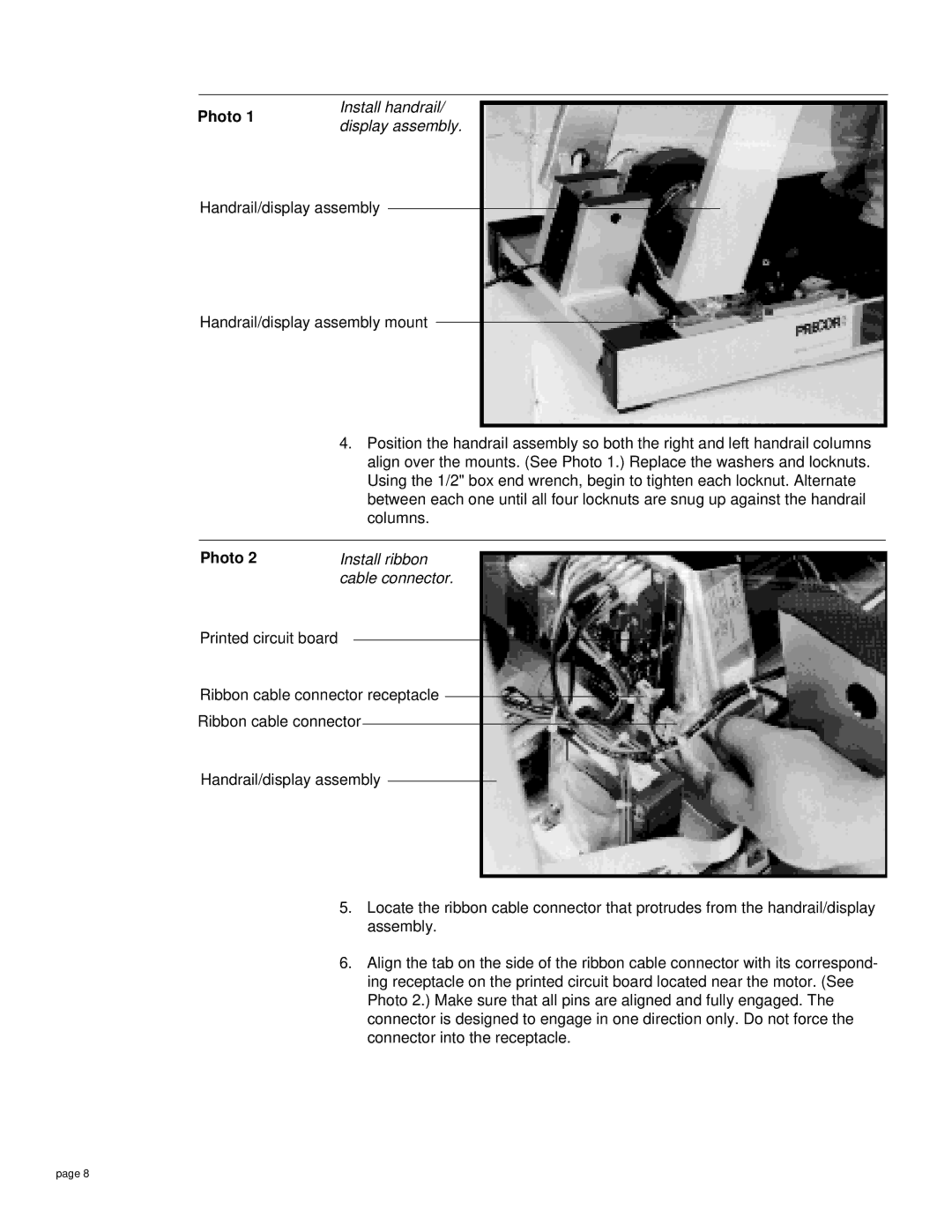 Precor 9.5sp owner manual Photo, Install handrail/ display assembly, Install ribbon Cable connector 