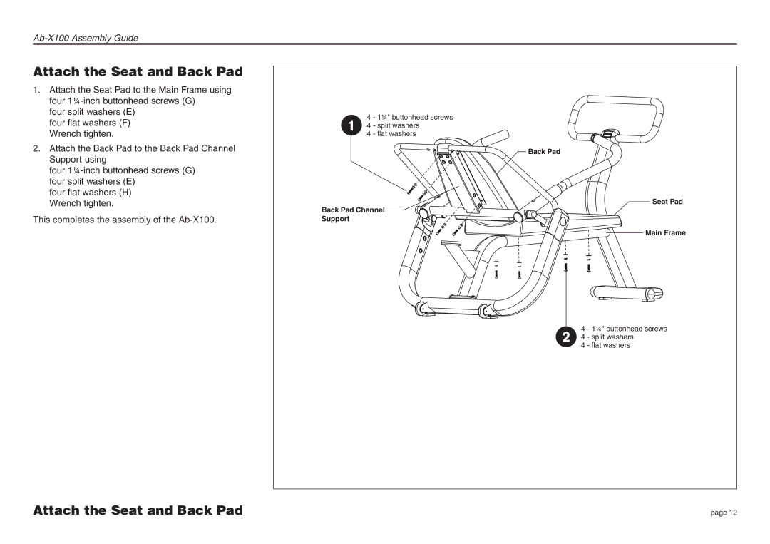 Precor Ab-X100 manual Attach the Seat and Back Pad 