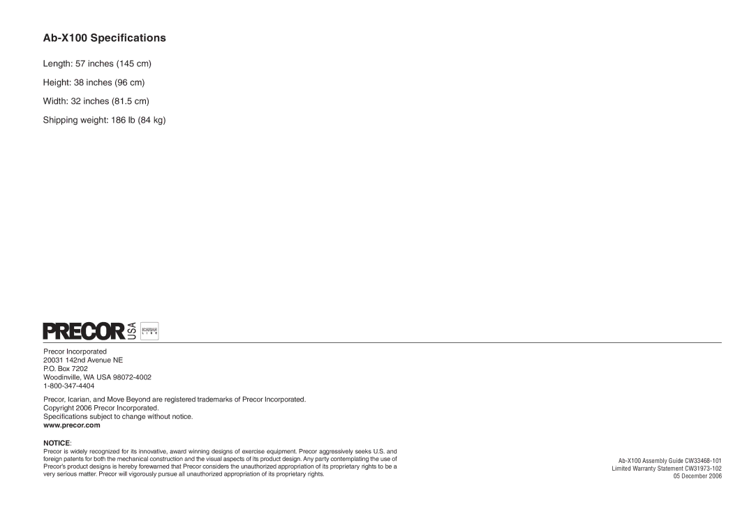 Precor manual Ab-X100 Specifications 