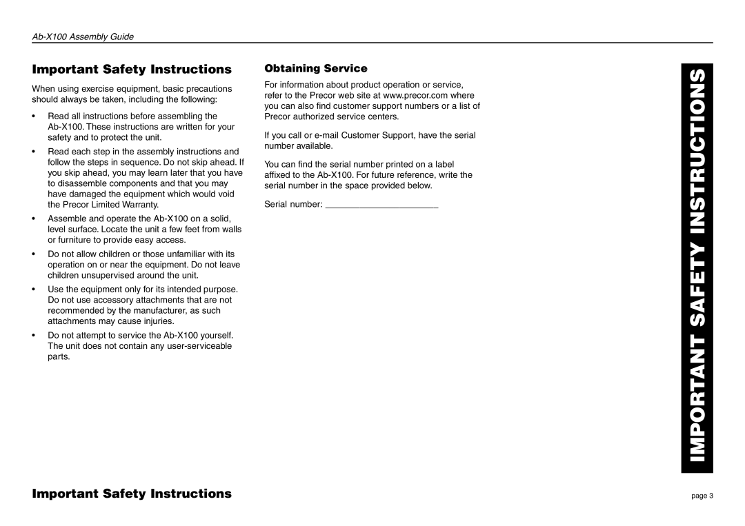 Precor Ab-X100 manual Important Safety Instructions, Obtaining Service 