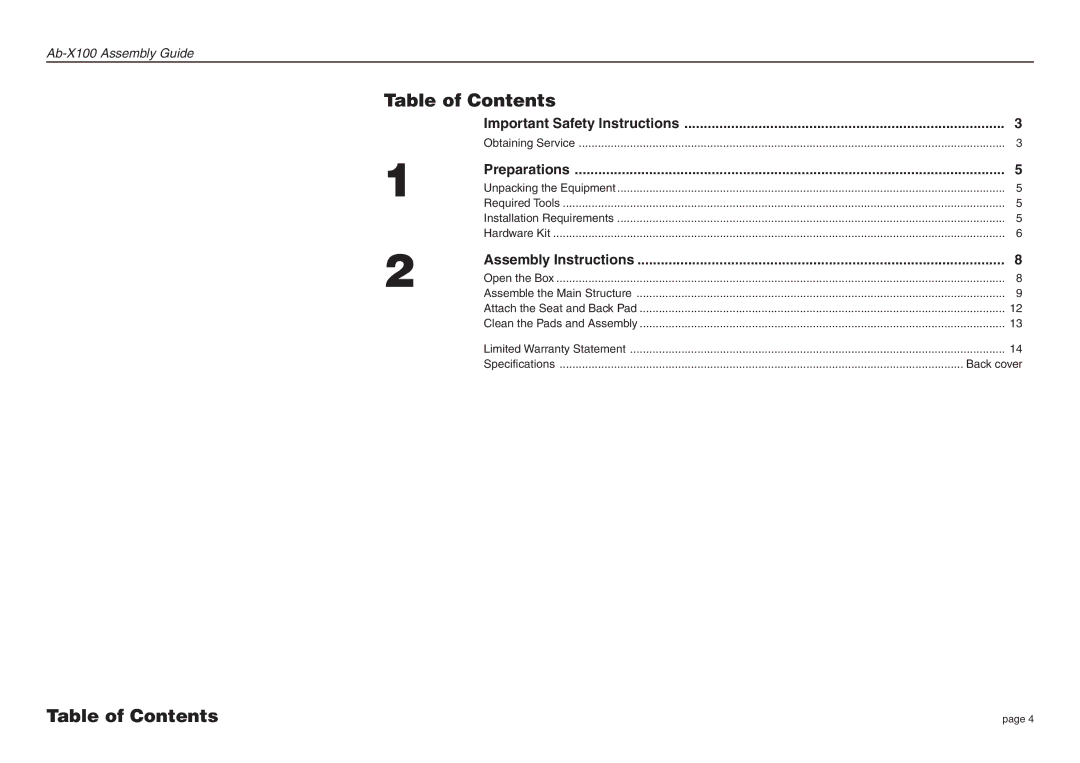 Precor Ab-X100 manual Table of Contents 