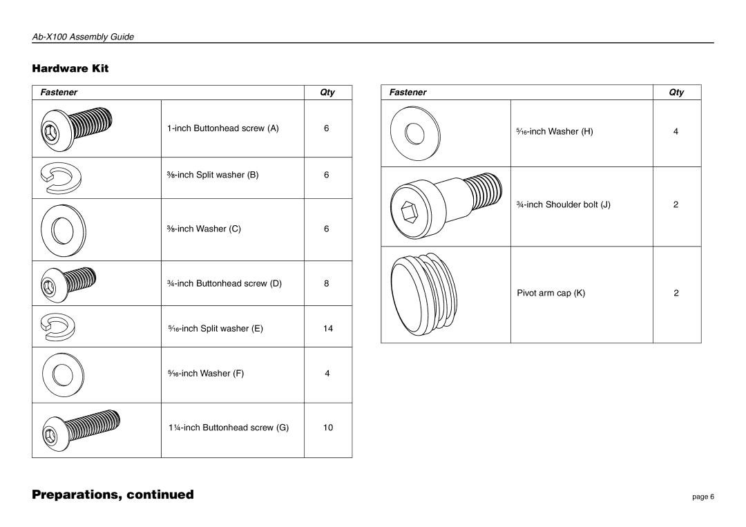 Precor Ab-X100 manual Hardware Kit, Fastener Qty 