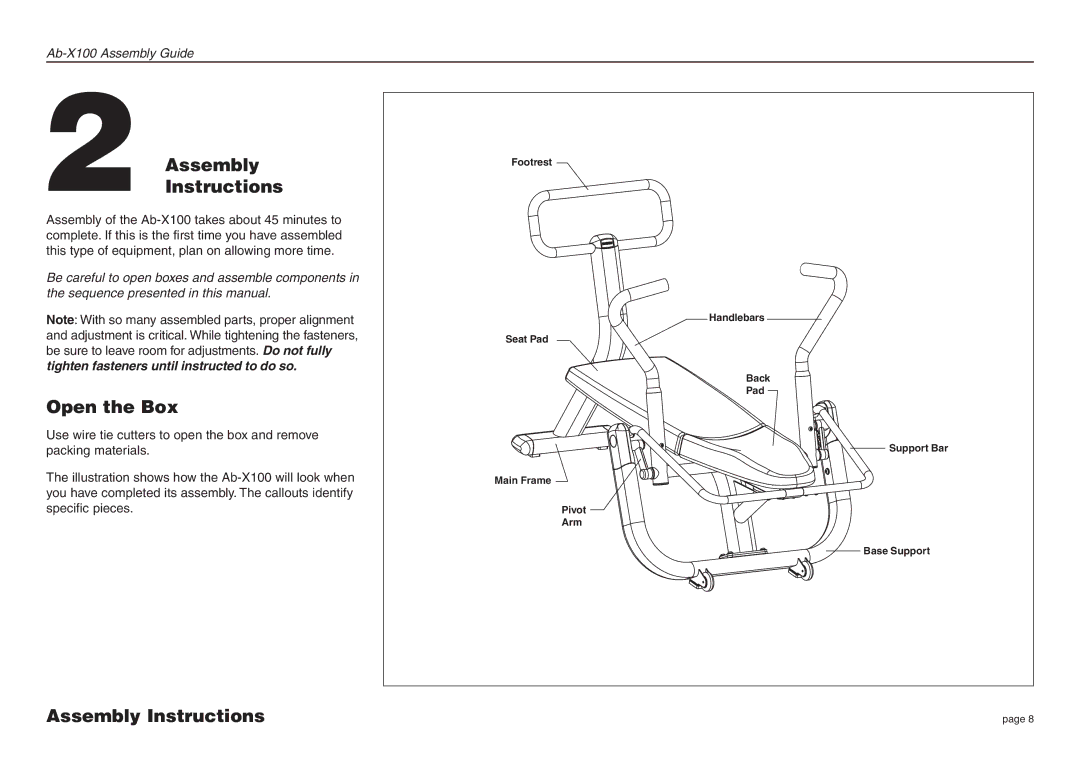 Precor Ab-X100 manual AssemblyInstructions, Open the Box, Assembly Instructions 