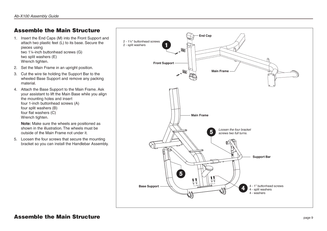 Precor Ab-X100 manual Assemble the Main Structure 